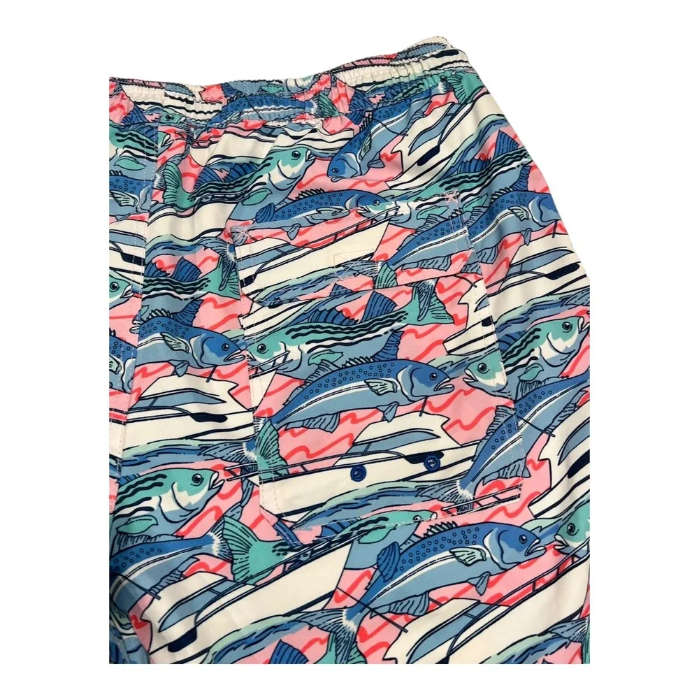 Vineyard Vines Men's L Swim Trunks Fish Print Drawstring Lined‎ Pockets Blue